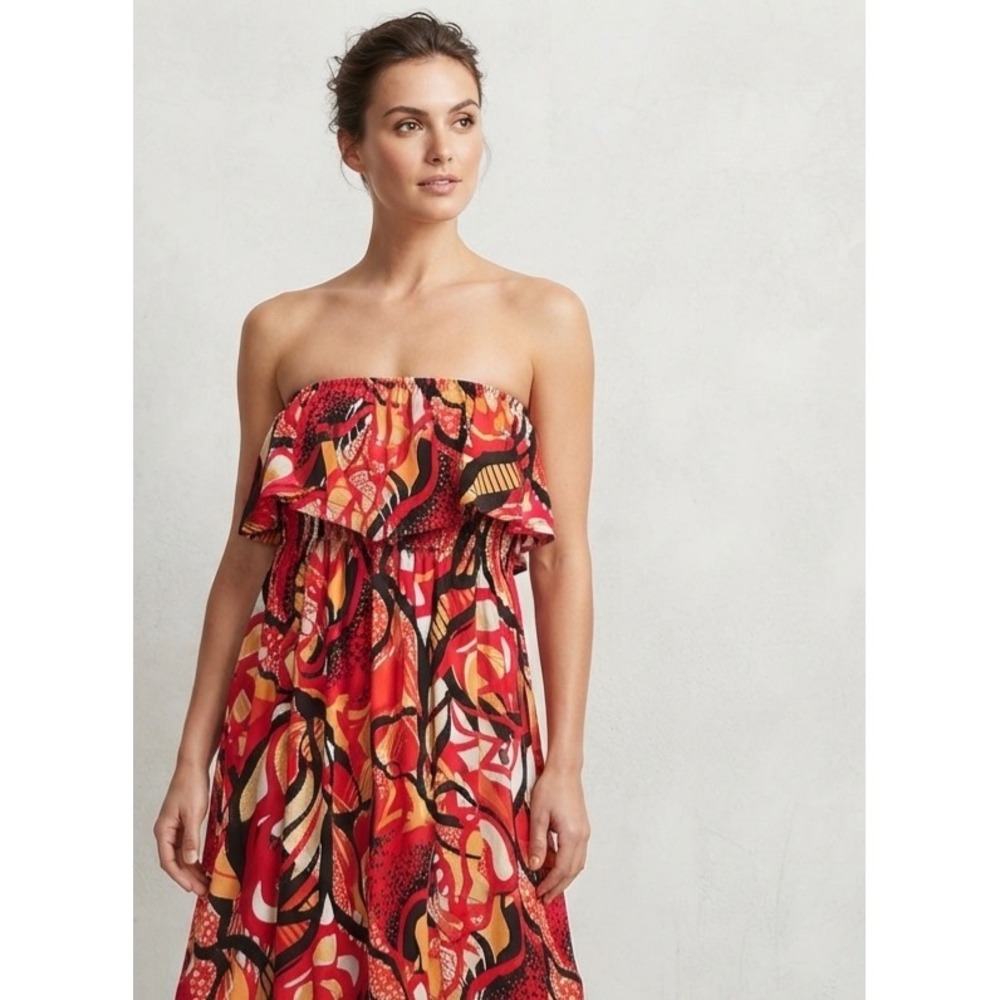 Style & Co‎ Abstract Tropical Ruffle Smocked Waist Strappy Maxi Dress Medium